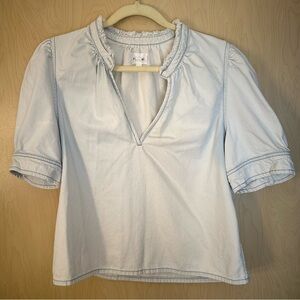 Bleach Washed Frame Denim puff sleeve Top
